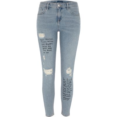 Blue slogan ripped Amelie super skinny jeans